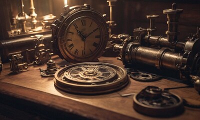 Steampunk background. Mechanisms, gears, light bulbs and clocks