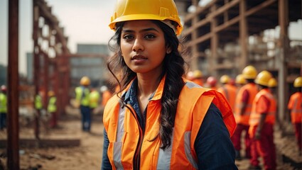 Indian woman wearing hard hat and high vis vest on contruction site - obrazy, fototapety, plakaty