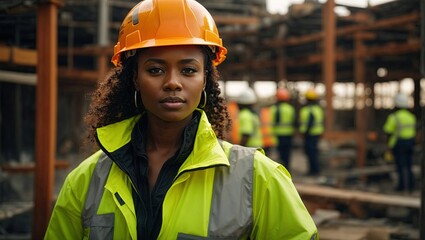 Black woman wearing hard hat and high vis vest on contruction site - obrazy, fototapety, plakaty