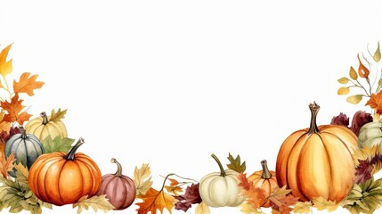 Thanksgiving Watercolor Border Frame Harvest Autumn Foliage Celebration with Festive Leaves on a white background