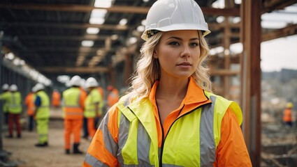 White blonde woman wearing hard hat and high vis vest on contruction site - obrazy, fototapety, plakaty