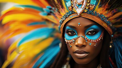A beautiful brunette woman ready to dance at the carnival, adorned in vibrant colors and traditional South American attire, Generative AI
