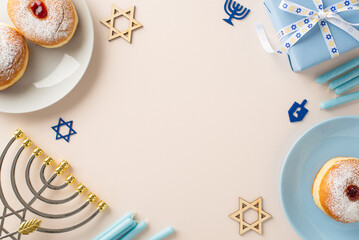 Hanukkah fashionable dining decor. Overhead view of customary Jewish eating - sufganiyot, Star of...