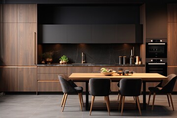 Modern luxury kitchen with black walls and wooden furniture