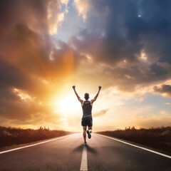 A runner crossing the finish line with their arms raised in triumph. Conveys victory, achievement, success.