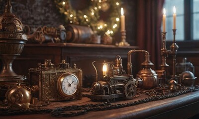 Fototapeta na wymiar New Year in steampunk style. Mechanisms, gears and Christmas decorations