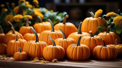 Small decorative pumpkins on wooden table fall. Generative AI.