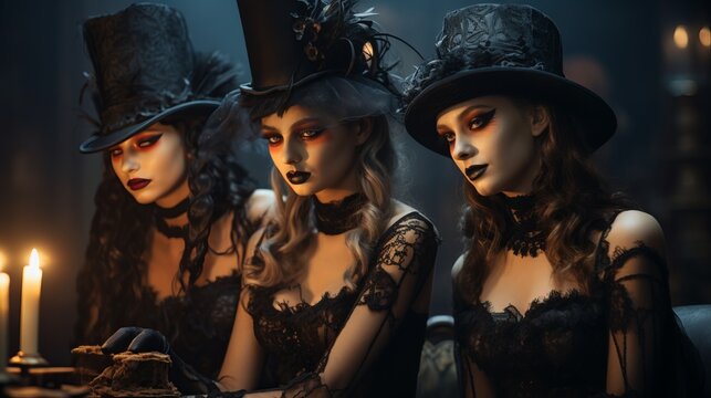 Three beautiful women in the form of demons and witches. Black lips and dark gloomy clothes. Dangerous femme fatales perform a ritual. Halloween face paint