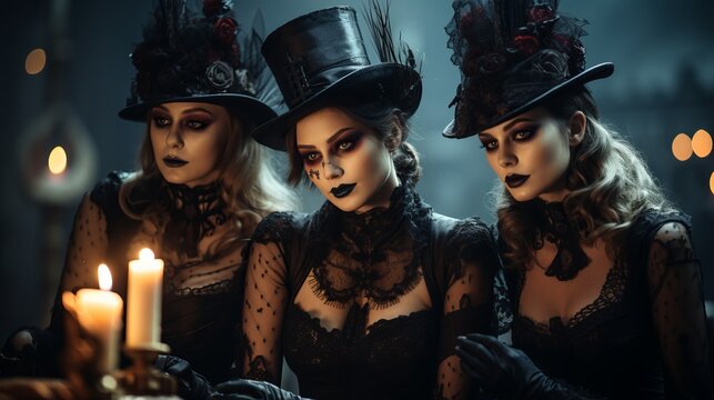 Three beautiful women in the form of demons and witches. Black lips and dark gloomy clothes. Dangerous femme fatales perform a ritual. Halloween face paint