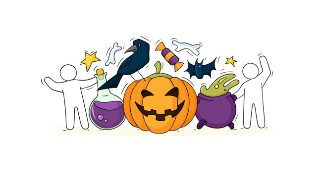 Halloween banner with cute icons of pumpkin, crow and people.