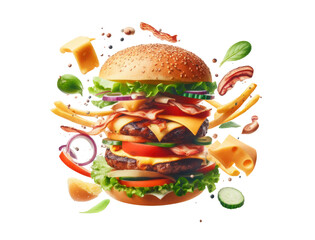 Burger isolated on white transparent background, PNG. Fast food, Hamburger layers and ingredients