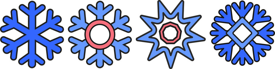 vector set of blue and pink snowflakes isolated on white background. christmas snowflake collection. groovy old retro cartoon snowflakes. winter icons set