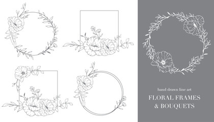 Poppy Flower Line Art. Floral Frames and Bouquets Line Art. Fine Line Poppies Frames Hand Drawn Illustration. Hand Draw Outline Wildflowers. Botanical Coloring Page. Poppy Isolated