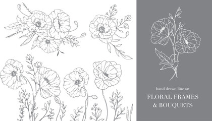 Poppy Flower Line Art. Floral Frames and Bouquets Line Art. Fine Line Poppies Frames Hand Drawn Illustration. Hand Draw Outline Wildflowers. Botanical Coloring Page. Poppy Isolated