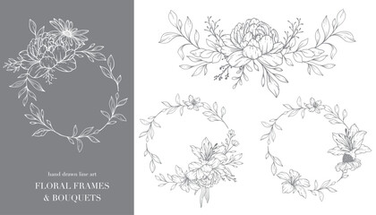 Wildflowers Line Art. Floral Frames and Bouquets Line Art. Fine Line Wildflowers Frames Hand Drawn Illustration. Hand Drawn Outline Wildflowers. Botanical Coloring Page. Wildflowers Isolated