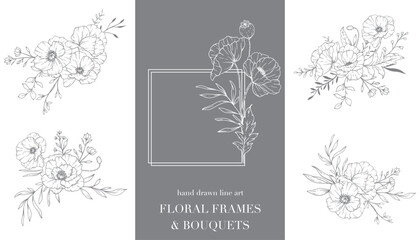 Poppy Flower Line Art. Floral Frames and Bouquets Line Art. Fine Line Poppies Frames Hand Drawn Illustration. Hand Draw Outline Wildflowers. Botanical Coloring Page. Poppy Isolated