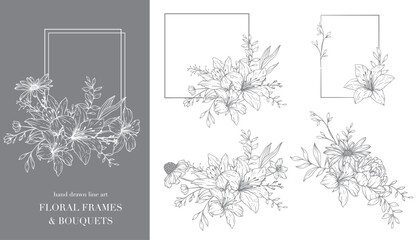 Wildflowers Line Art. Floral Frames and Bouquets Line Art. Fine Line Wildflowers Frames Hand Drawn Illustration. Hand Drawn Outline Wildflowers. Botanical Coloring Page. Wildflowers Isolated - obrazy, fototapety, plakaty