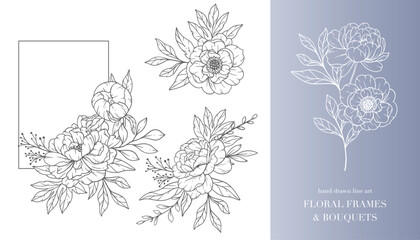 Peony Flower Line Art. Floral Frames and Bouquets Line Art. Fine Line Peony Frames Hand Drawn Illustration. Hand Draw Outline Leaves and Flowers. Botanical Coloring Page. Outline peony Isolated © Xenia