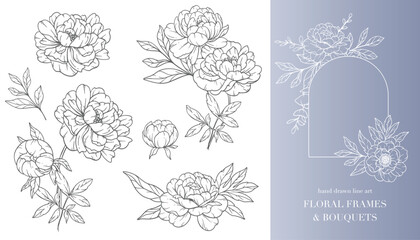Peony Flower Line Art. Floral Frames and Bouquets Line Art. Fine Line Peony Frames Hand Drawn Illustration. Hand Draw Outline Leaves and Flowers. Botanical Coloring Page. Outline peony Isolated