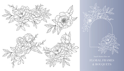 Naklejka na ściany i meble Peony Flower Line Art. Floral Frames and Bouquets Line Art. Fine Line Peony Frames Hand Drawn Illustration. Hand Draw Outline Leaves and Flowers. Botanical Coloring Page. Outline peony Isolated