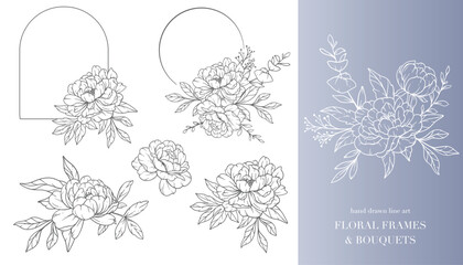 Peony Flower Line Art. Floral Frames and Bouquets Line Art. Fine Line Peony Frames Hand Drawn Illustration. Hand Draw Outline Leaves and Flowers. Botanical Coloring Page. Outline peony Isolated