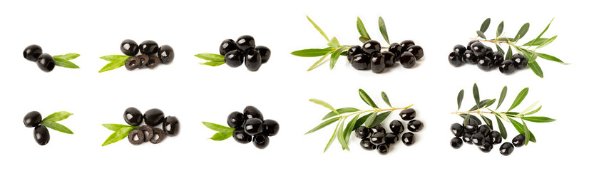 Tasty black olives with leaves isolated on white background. Fresh fruit olives on a white...
