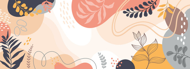 Colorful poster background vector illustration.Exotic plants, branches,art print for beauty, fashion and natural products,wellness, wedding and event.