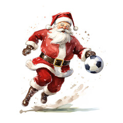 Cartoon sketch of Santa Claus playing soccer on a white background