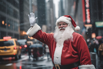 A photo of Santa Claus hailing a taxi cab in New York City