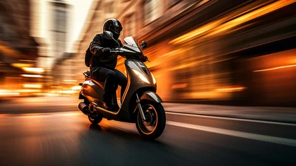 Foto op Plexiglas Scooter motorcycle biker rider on blurred motion city street © BeautyStock