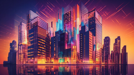 Abstract neon city with high-rise buildings
