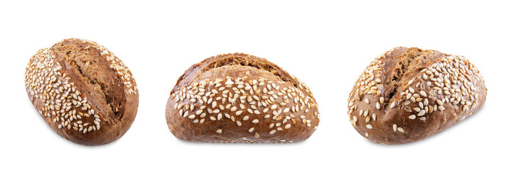 Sesame seeds rye buns on a white isolated background