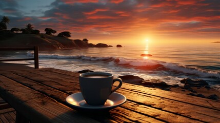 Sunrise at beach with coffee. Generative AI.