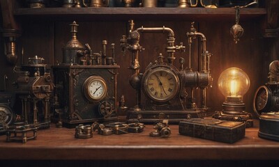 Fototapeta na wymiar Steampunk background. Mechanisms, gears, light bulbs and clocks