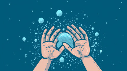 Blue background world handwashing day, Handwashing of hand wash with bubble soap.