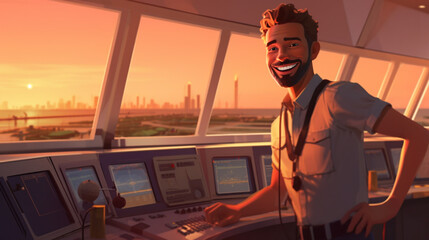 Happy air traffic controller at his workplace, in the control office at the airport