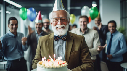 A team of employees and office workers are escorting an older employee to his retirement vacation. National Boss Day