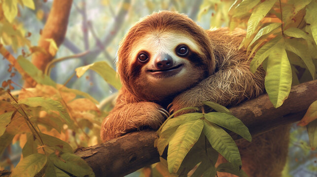 Sloth on a tree, close-up. International sloth day.