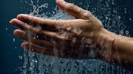 Blue background world handwashing day, Handwashing of hand wash with bubble soap.