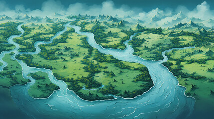 Abstract view of mountains and rivers aerial view. World Rivers Day and International Mountain Day.