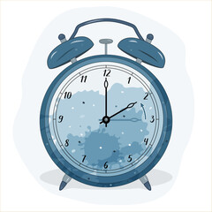 Illustration of an alarm clock. The blue one symbolizes the winter time. Time adjustment symbol. Moving the hands backward from 3:00 to 2:00. The arrow indicates the direction of setting of the hands.
