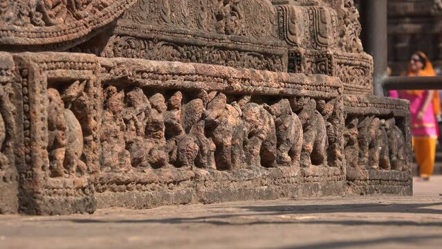 Details of sculptures on the Konark Sun Temple in India. The temple was built in the 13th century and is now a Unesco world heritage site.