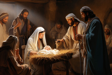 Krippendarstellung Weihnachten mit Maria, Josef und Christkind, Geburt Jesu, erstellt mit generativer KI	 - obrazy, fototapety, plakaty