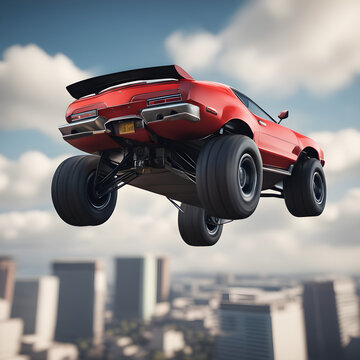 A top-down view of a stunt car soaring through the air, launching from a ramp, reminiscent of scenes