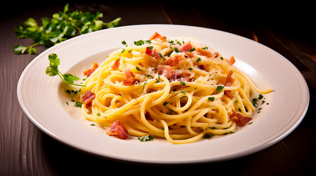 Classic Italian cuisine: Plate of Spaghetti Carbonara, a creamy and savory pasta dish with eggs, cheese, pancetta. Decadent comfort food.