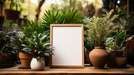 Empty frame on a blurred foliage background mockup
