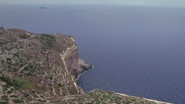 Aerial panoramic drone footage of the Mediterranean Sea from the Dingli Cliffs (Rdum ta' Had-Dingli), Malta