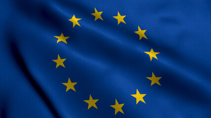 Europe Flag. Waving  Fabric Satin Texture of the Flag of Europe 3D illustration. Real Texture Flag of the  European Union