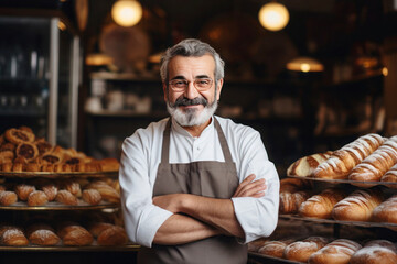 Portrait of a mature man, a successful baker, in bakery full of delicious fresh pastries - obrazy, fototapety, plakaty