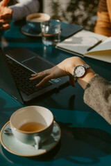 Close up of business table with business staf on it